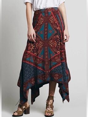 Free People Bedouin Traveler handkerchief skirt, flowy Rayon, bohemian print, M